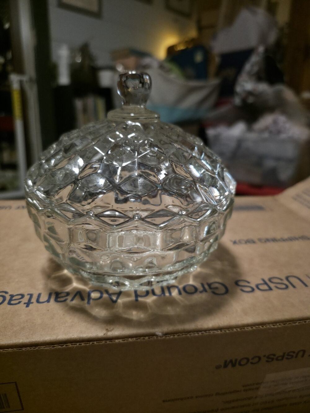 Vintage Fostoria American Clear Crystal Cubist lidded candy dish.